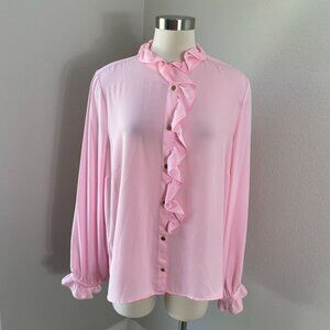 J Crew Top Womens Plus 20 Pink Ruffle Blouse Long Sleeve Button Up Shirt Top